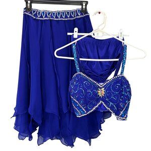 Glamour Costumes Lyrical Dance MA Medium Adult Blue Rhinestoned Skirt Top Bling